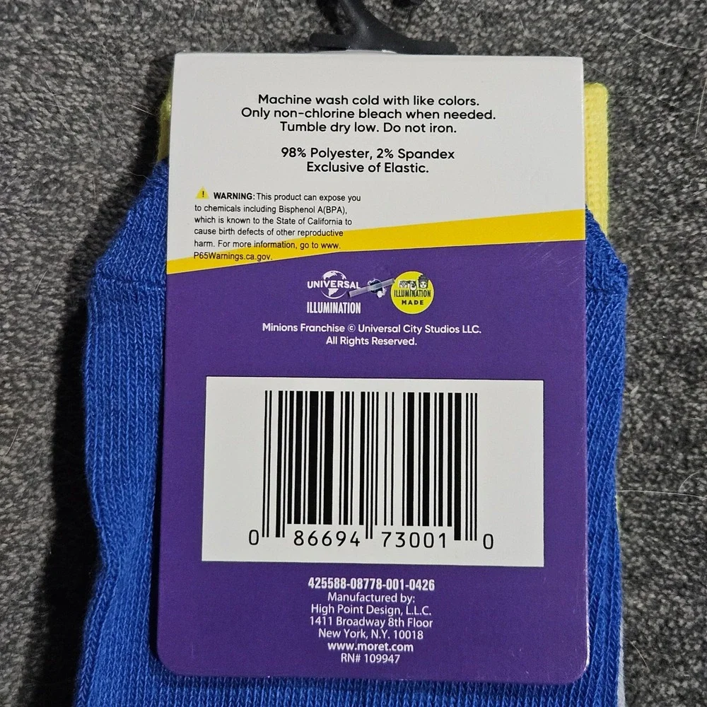 Illumination Minions Mens Yellow Blue Sad Face Crew Socks Shoe Size 6.5-12 NEW